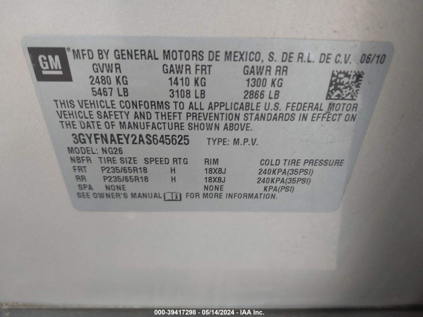 2010 Cadillac Srx Luxury Collection VIN: 3GYFNAEY2AF645625 Lot: 39417298