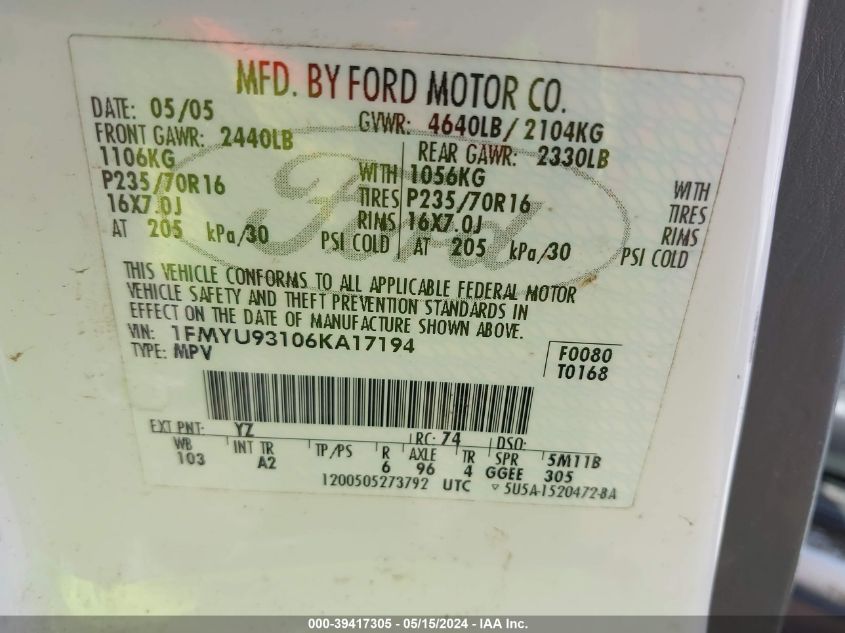 2006 Ford Escape Xlt/Xlt Sport VIN: 1FMYU93106KA17194 Lot: 39417305