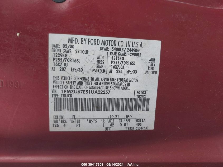 2001 Ford Explorer Sport Trac VIN: 1FMZU67E51UA22257 Lot: 39417309