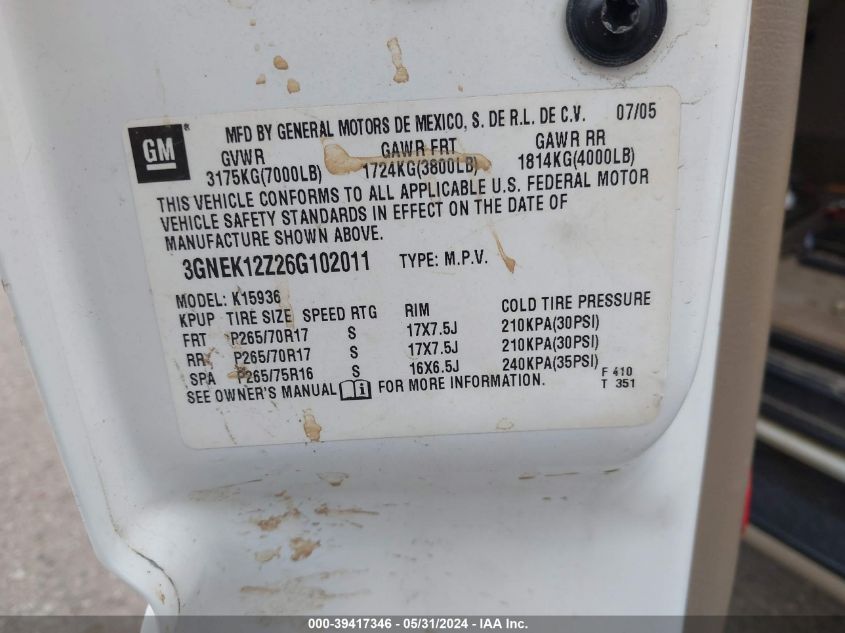 2006 Chevrolet Avalanche 1500 Z71 VIN: 3GNEK12Z26G102011 Lot: 39417346