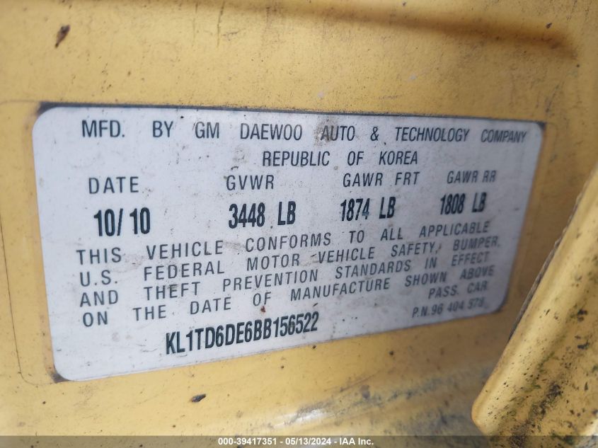 2011 Chevrolet Aveo 1Lt VIN: KL1TD6DE6BB156522 Lot: 39417351