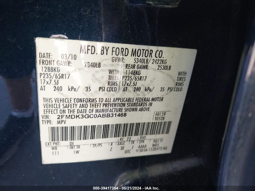 2010 Ford Edge Se VIN: 2FMDK3GC0ABB31468 Lot: 39417354