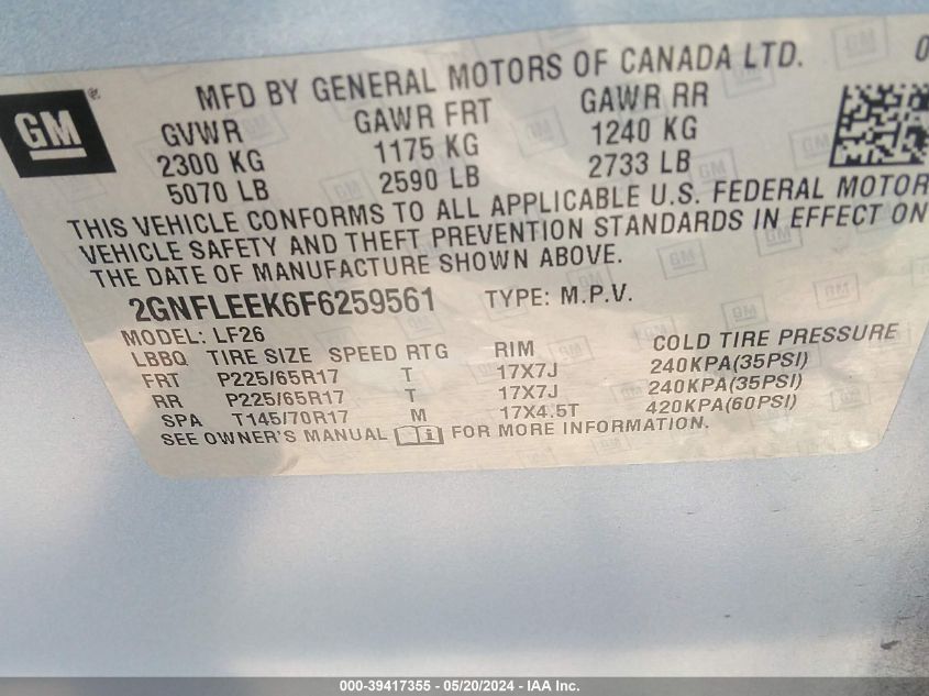 2015 Chevrolet Equinox Ls VIN: 2GNFLEEK6F6259561 Lot: 39417355