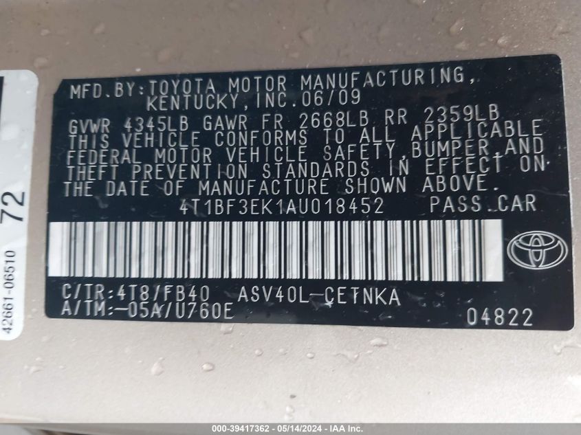 2010 Toyota Camry Le VIN: 4T1BF3EK1AU018452 Lot: 39417362