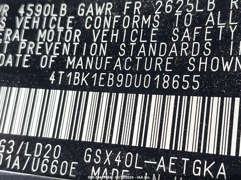 2013 TOYOTA AVALON PREMIUM/TOURING/LIMITED - 4T1BK1EB9DU018655