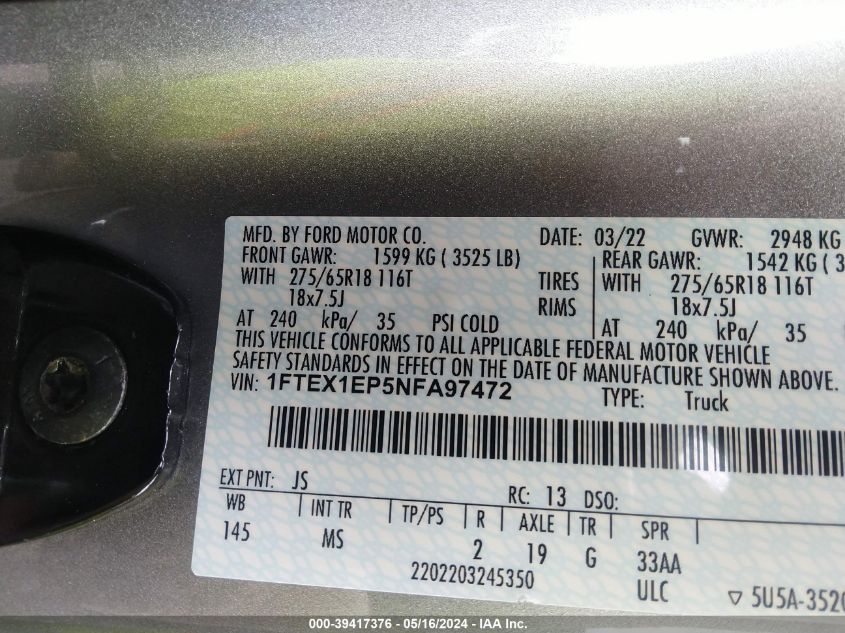 2022 Ford F-150 Xlt VIN: 1FTEX1EP5NFA97472 Lot: 39417376