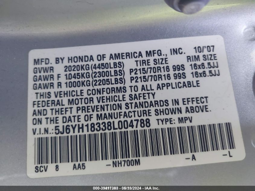 2008 Honda Element Lx VIN: 5J6YH18338L004788 Lot: 39417383