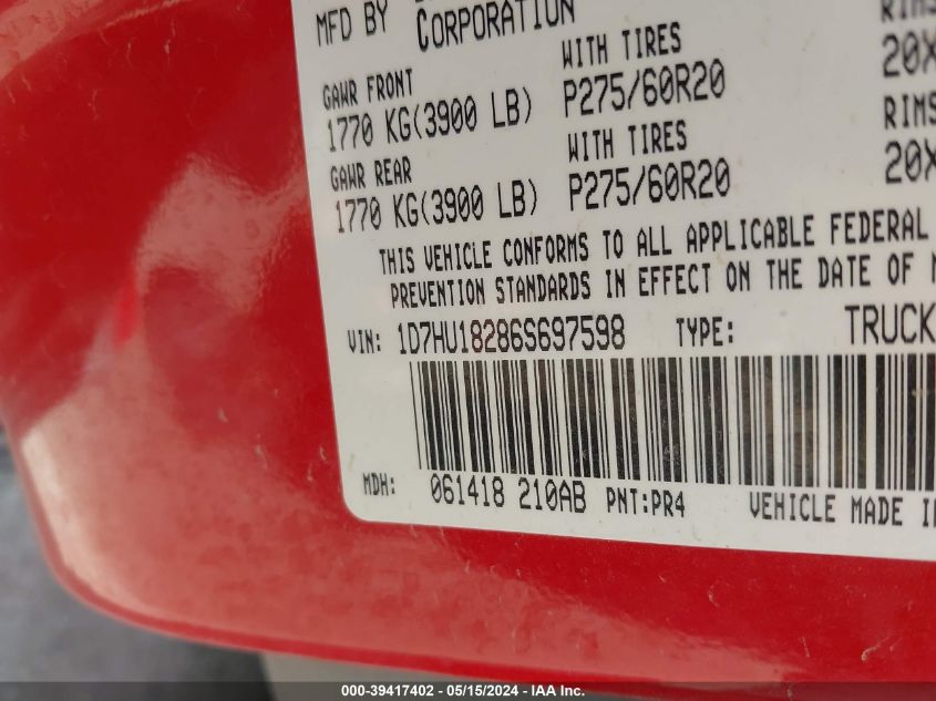 2006 Dodge Ram 1500 Slt/Trx4 Off Road/Sport VIN: 1D7HU18286S697598 Lot: 39417402