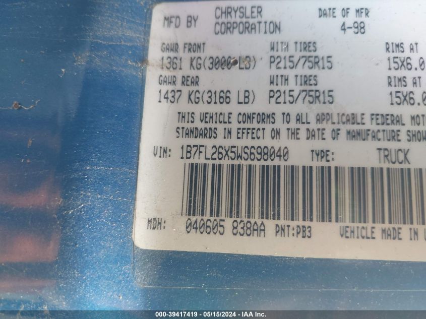 1998 Dodge Dakota Slt/Sport VIN: 1B7FL26X5WS698040 Lot: 39417419