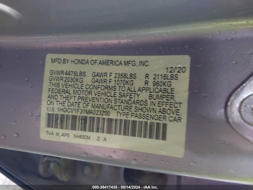 2021 Honda Accord Sport VIN: 1HGCV1F31MA023200 Lot: 39417435