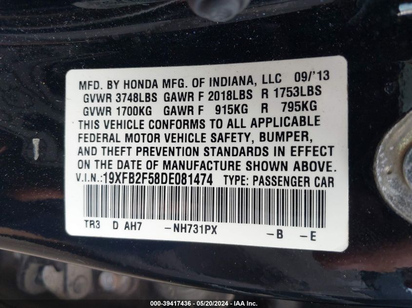 2013 Honda Civic Lx VIN: 19XFB2F58DE081474 Lot: 39417436