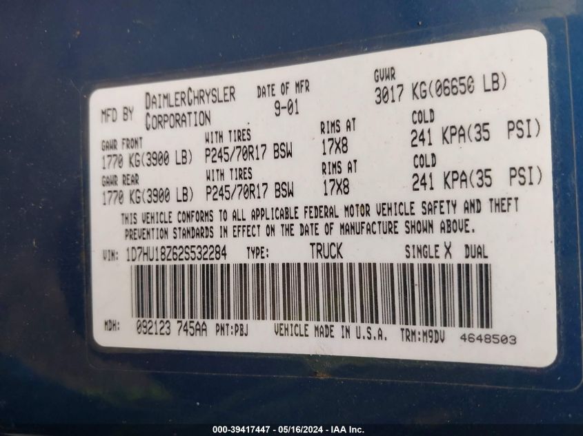 2002 Dodge Ram 1500 St VIN: 1D7HU18Z62S532284 Lot: 39417447