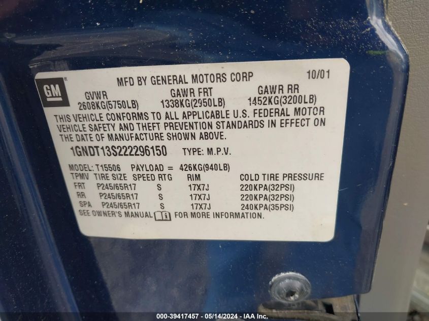 2002 Chevrolet Trailblazer Ltz VIN: 1GNDT13S222296150 Lot: 39417457