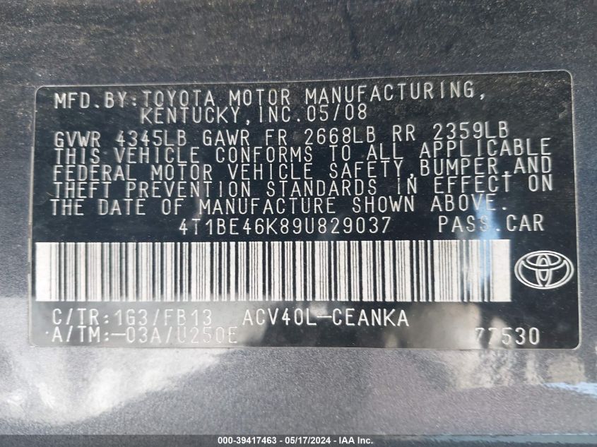 2009 Toyota Camry Le VIN: 4T1BE46K89U829037 Lot: 39417463