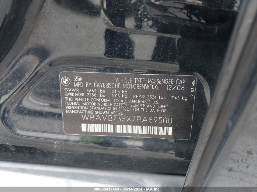 2007 BMW 335 I VIN: WBAVB735X7PA89500 Lot: 39417469