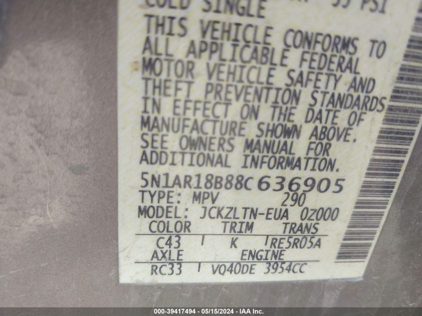 2008 Nissan Pathfinder Se VIN: 5N1AR18B88C636905 Lot: 39417494