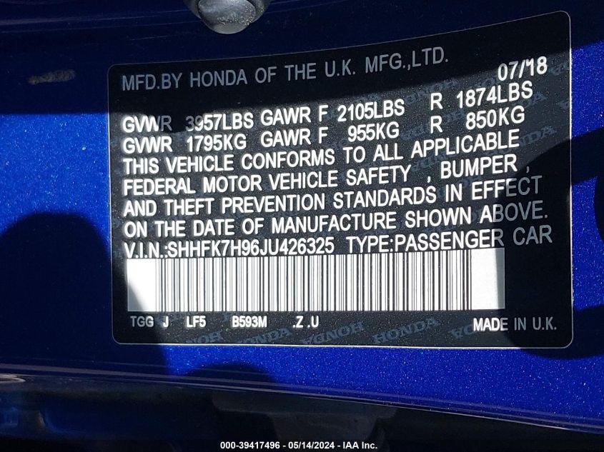 2018 Honda Civic Sport Touring VIN: SHHFK7H96JU426325 Lot: 39417496