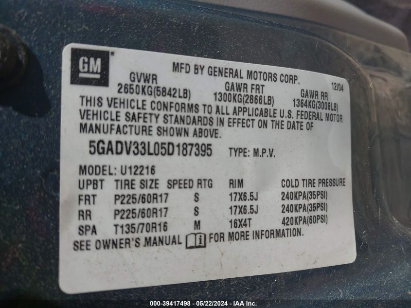 2005 Buick Terraza Cxl VIN: 5GADV33L05D187395 Lot: 39417498