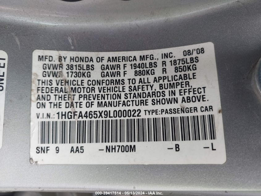 2009 Honda Civic Gx VIN: 1HGFA465X9L000022 Lot: 39417514