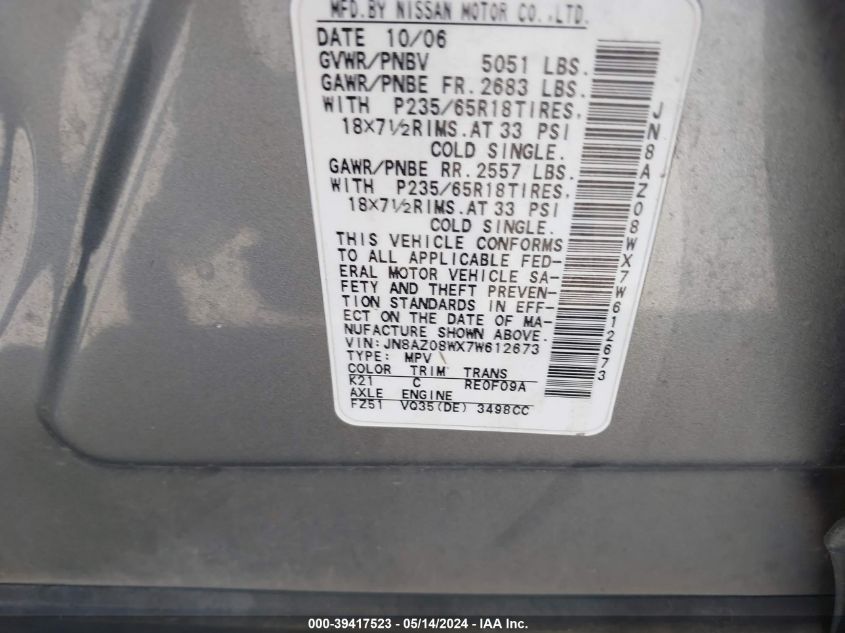 2007 Nissan Murano Sl VIN: JN8AZ08WX7W612673 Lot: 39417523