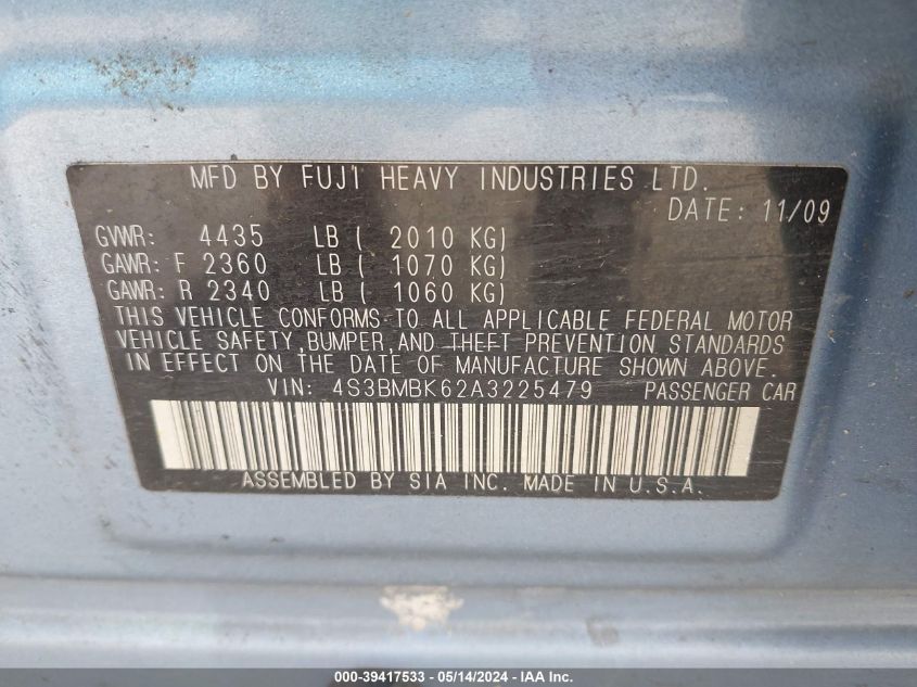 2010 Subaru Legacy 2.5I Limited VIN: 4S3BMBK62A3225479 Lot: 39417533