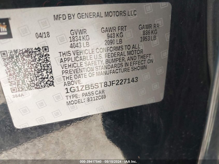 2018 Chevrolet Malibu 1Ls VIN: 1G1ZB5ST8JF227143 Lot: 39417540