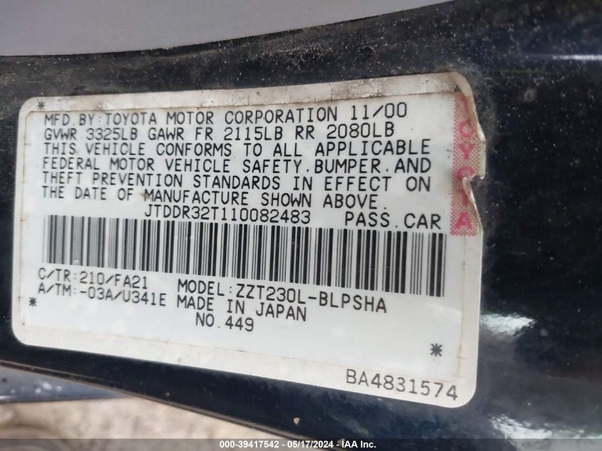 2001 Toyota Celica Gt VIN: JTDDR32T110082483 Lot: 39417542