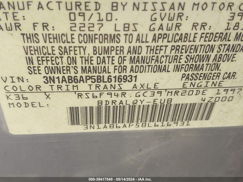 2011 Nissan Sentra 2.0 VIN: 3N1AB6AP5BL616931 Lot: 39417549