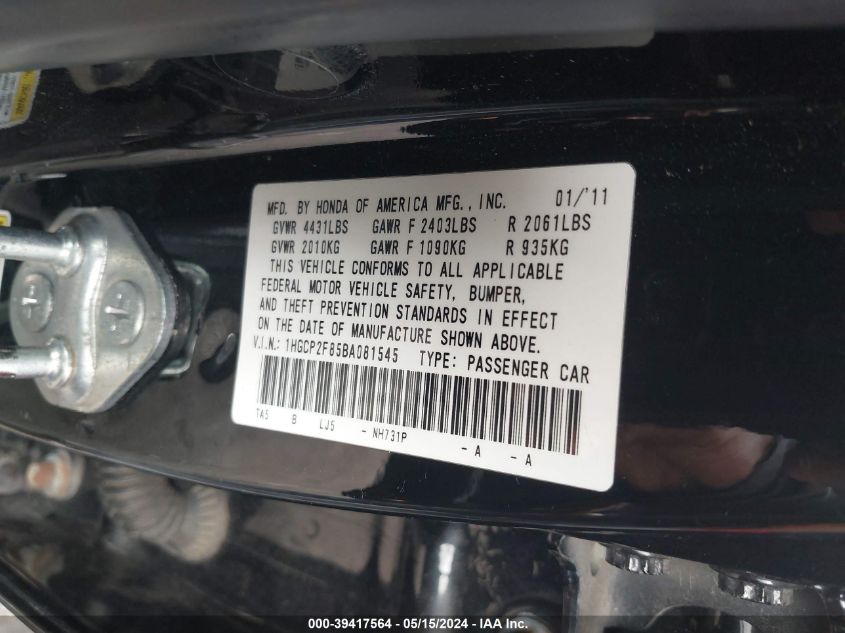 2011 Honda Accord Sdn Ex-L VIN: 1HGCP2F85BA081545 Lot: 39417564