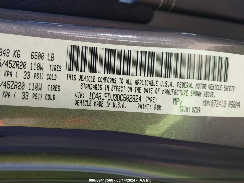 2013 Jeep Grand Cherokee Srt8 VIN: 1C4RJFDJ3DC502824 Lot: 39417566