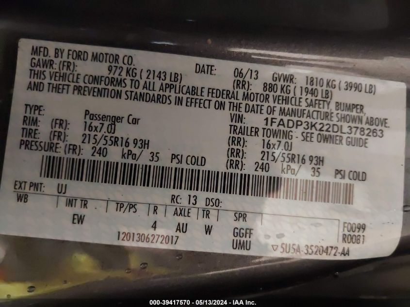 2013 Ford Focus Se VIN: 1FADP3K22DL378263 Lot: 39417570