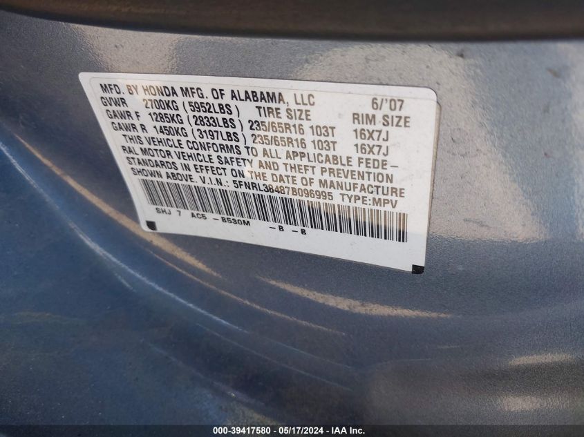 2007 Honda Odyssey Ex VIN: 5FNRL38487B096995 Lot: 39417580