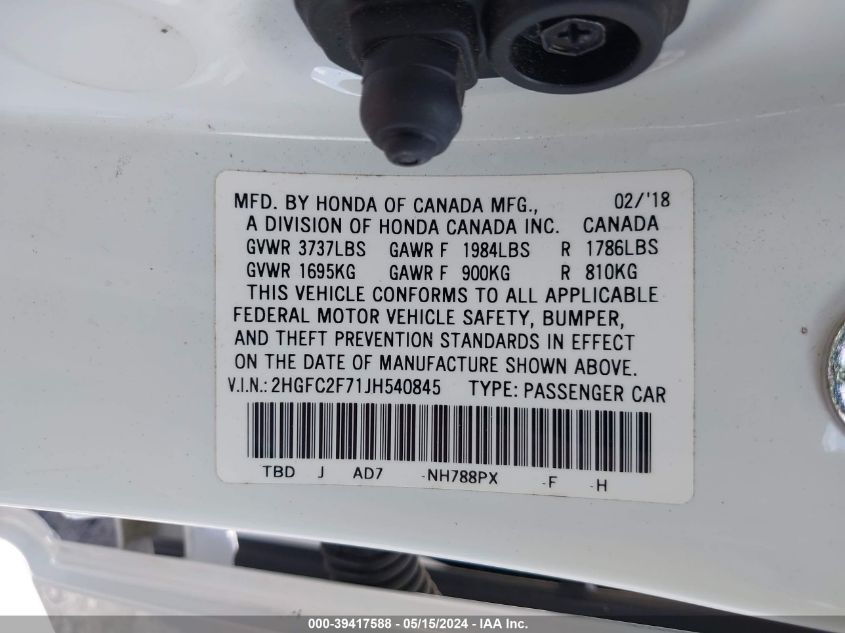 2018 Honda Civic Ex VIN: 2HGFC2F71JH540845 Lot: 39417588