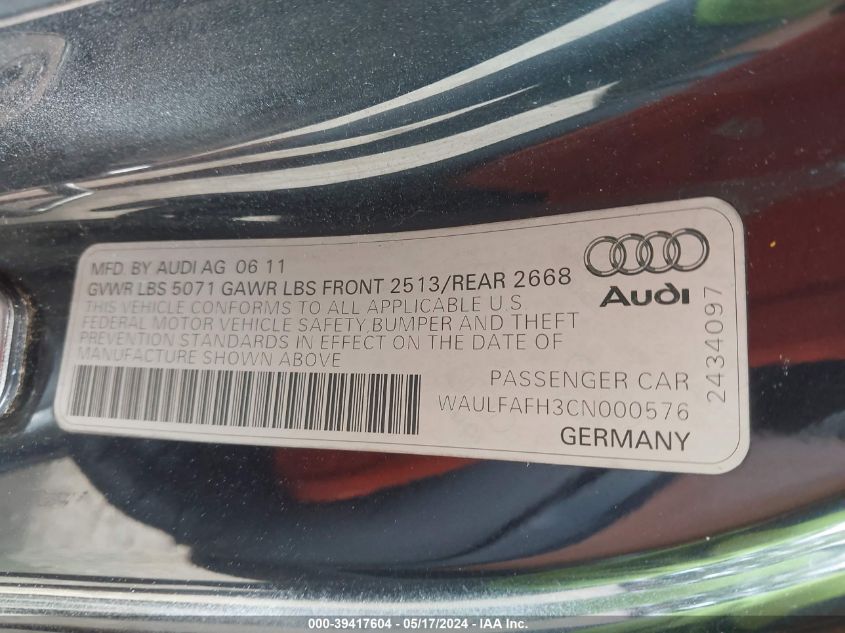 2012 Audi A5 2.0T Premium VIN: WAULFAFH3CN000576 Lot: 39417604