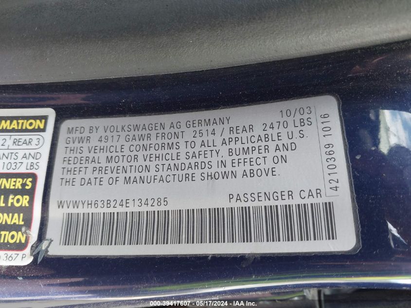 2004 Volkswagen Passat Glx VIN: WVWYH63B24E134285 Lot: 39417607