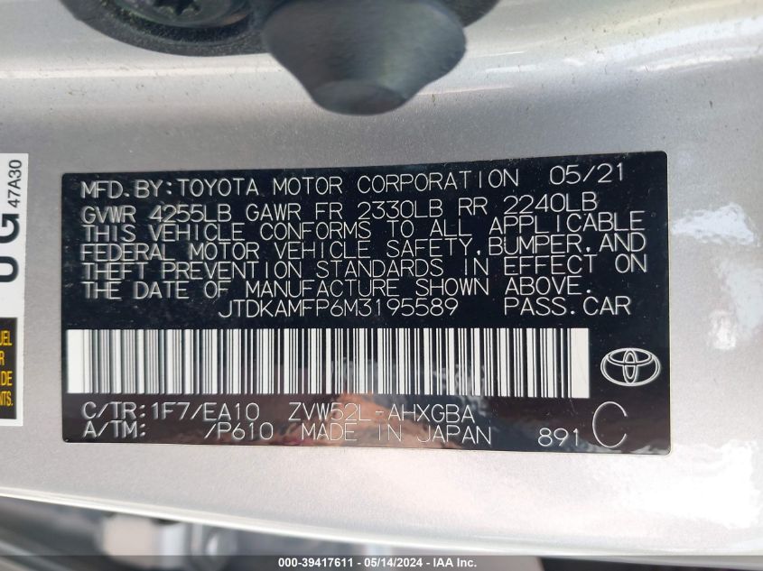 2021 Toyota Prius Prime Xle VIN: JTDKAMFP6M3195589 Lot: 39417611