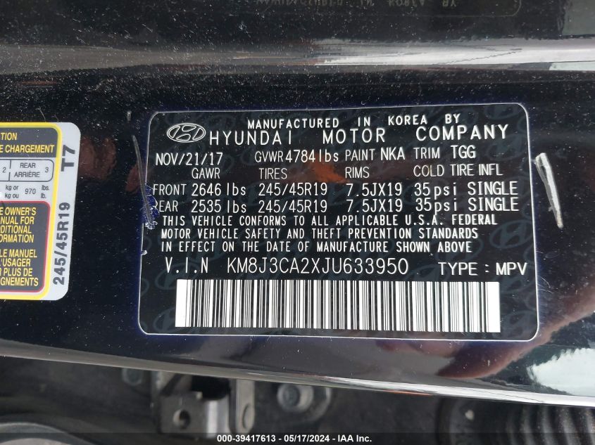 2018 Hyundai Tucson Value VIN: KM8J3CA2XJU633950 Lot: 39417613