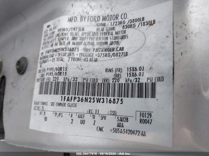 1FAFP36N25W316875 | 2005 FORD FOCUS