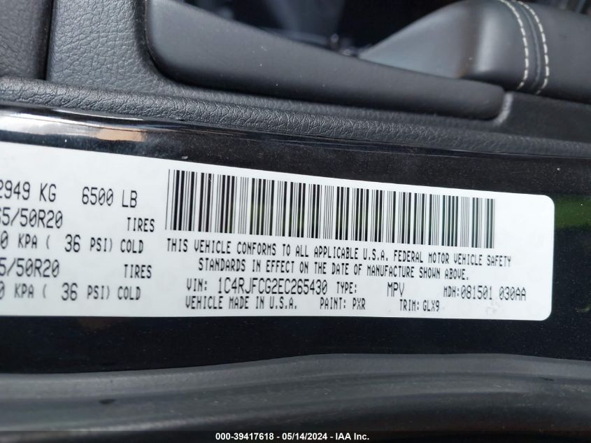 2014 Jeep Grand Cherokee Overland VIN: 1C4RJFCG2EC265430 Lot: 39417618