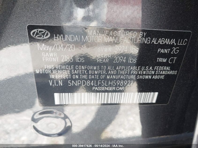 2020 Hyundai Elantra Sel VIN: 5NPD84LF5LH598921 Lot: 39417626