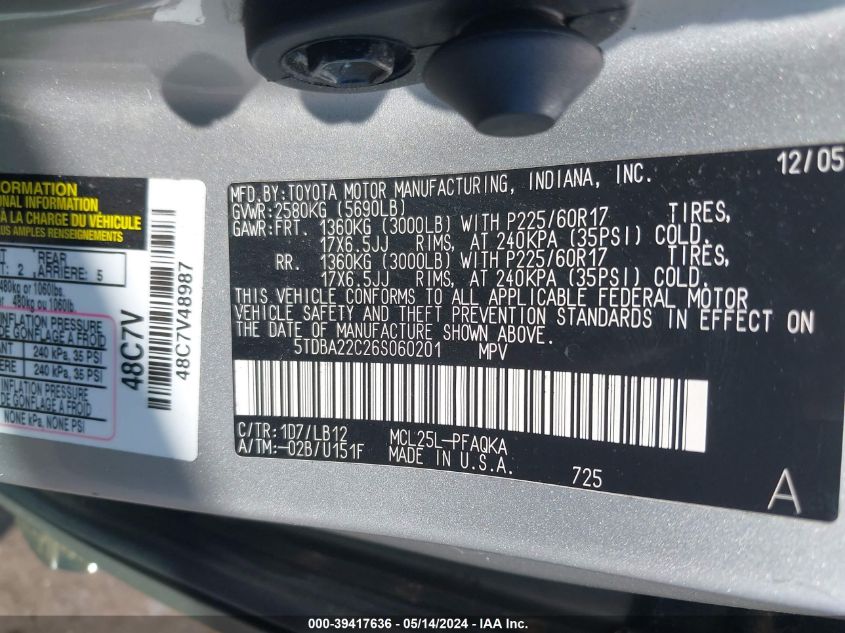 2006 Toyota Sienna Xle Limited VIN: 5TDBA22C26S060201 Lot: 39417636