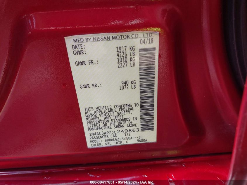 2018 Nissan Altima 2.5 S VIN: 1N4AL3AP7JC249863 Lot: 39417651