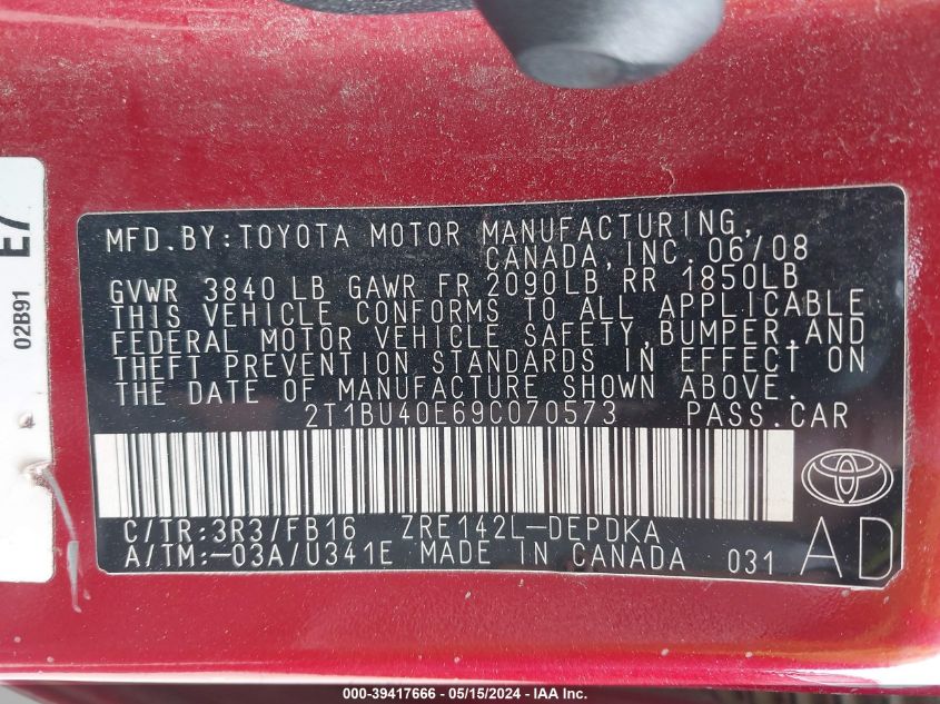 2009 Toyota Corolla Le VIN: 2T1BU40E69C070573 Lot: 39417666