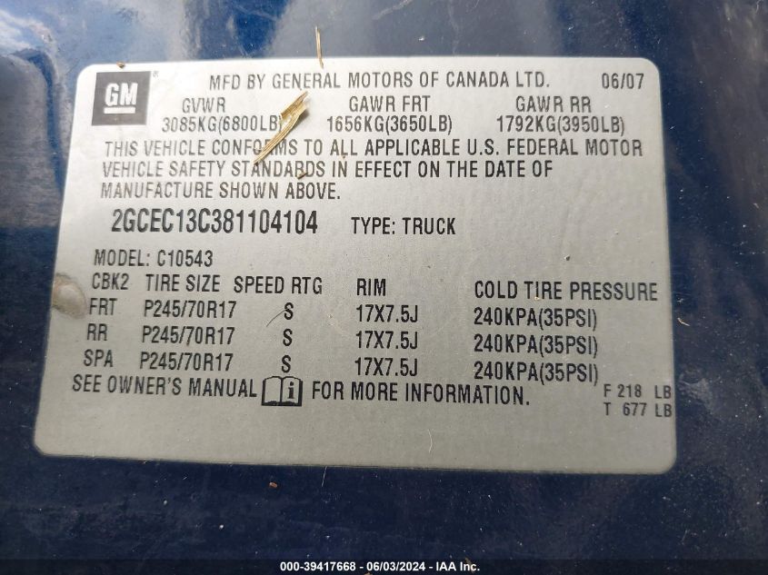 2008 Chevrolet Silverado 1500 Ls VIN: 2GCEC13C381104104 Lot: 39417668