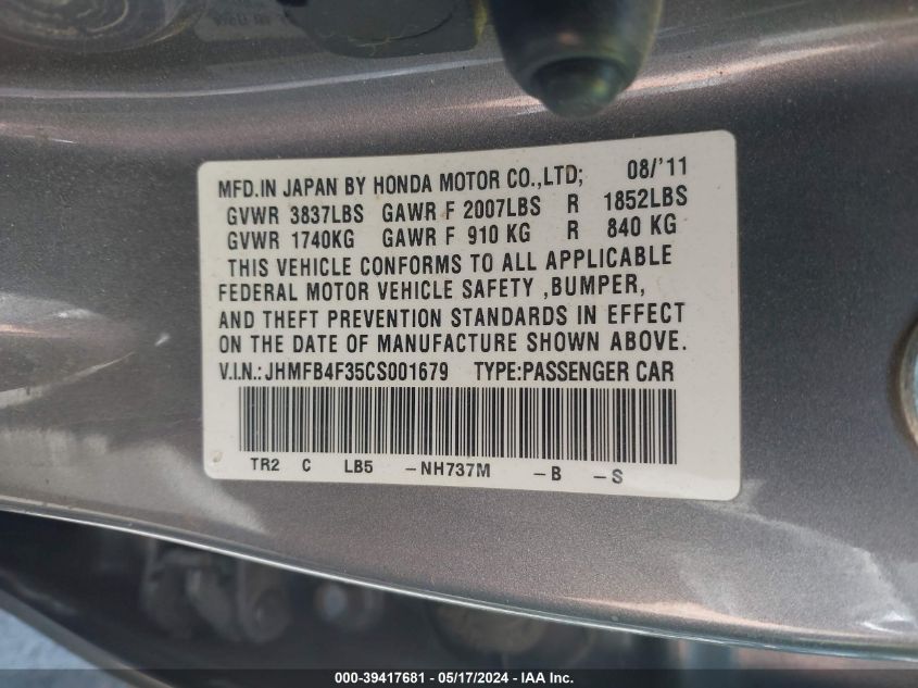 2012 Honda Civic Hybrid VIN: JHMFB4F35CS001679 Lot: 39417681