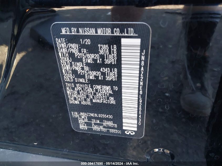 2020 Infiniti Qx80 Luxe Awd VIN: JN8AZ2NE6L9255430 Lot: 39417695