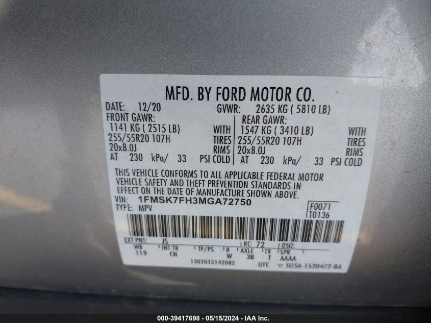 2021 Ford Explorer Limited VIN: 1FMSK7FH3MGA72750 Lot: 39417698