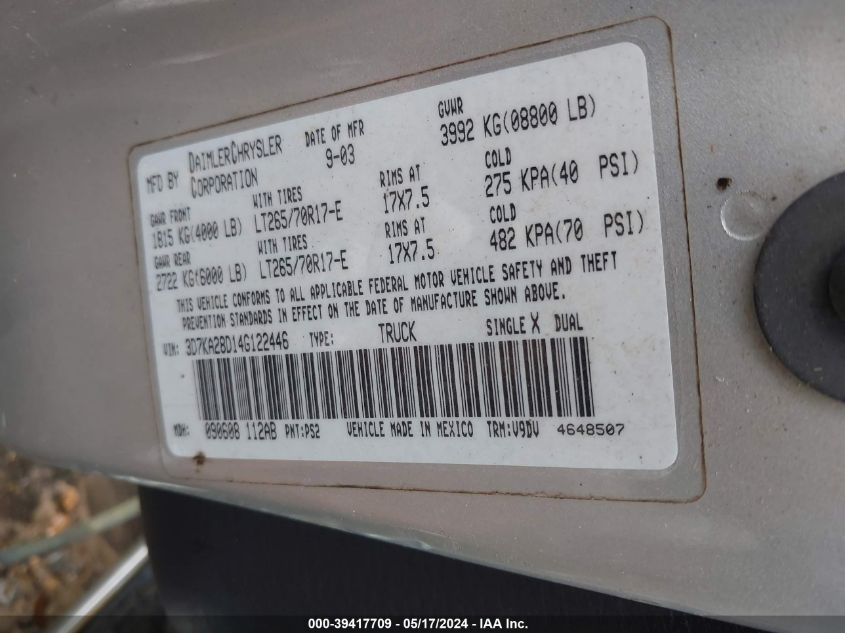 2004 Dodge Ram 2500 Slt/Laramie VIN: 3D7KA28D14G122446 Lot: 39417709