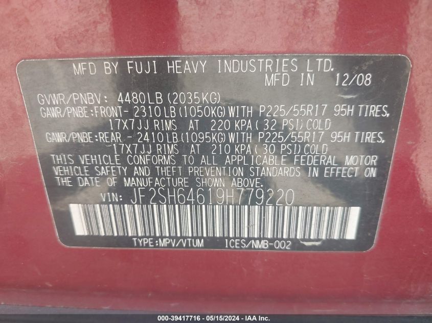 2009 Subaru Forester 2.5X Limited VIN: JF2SH64619H779220 Lot: 39417716