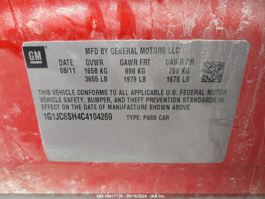 2012 Chevrolet Sonic 2Lt VIN: 1G1JC6SH4C4104269 Lot: 39417720